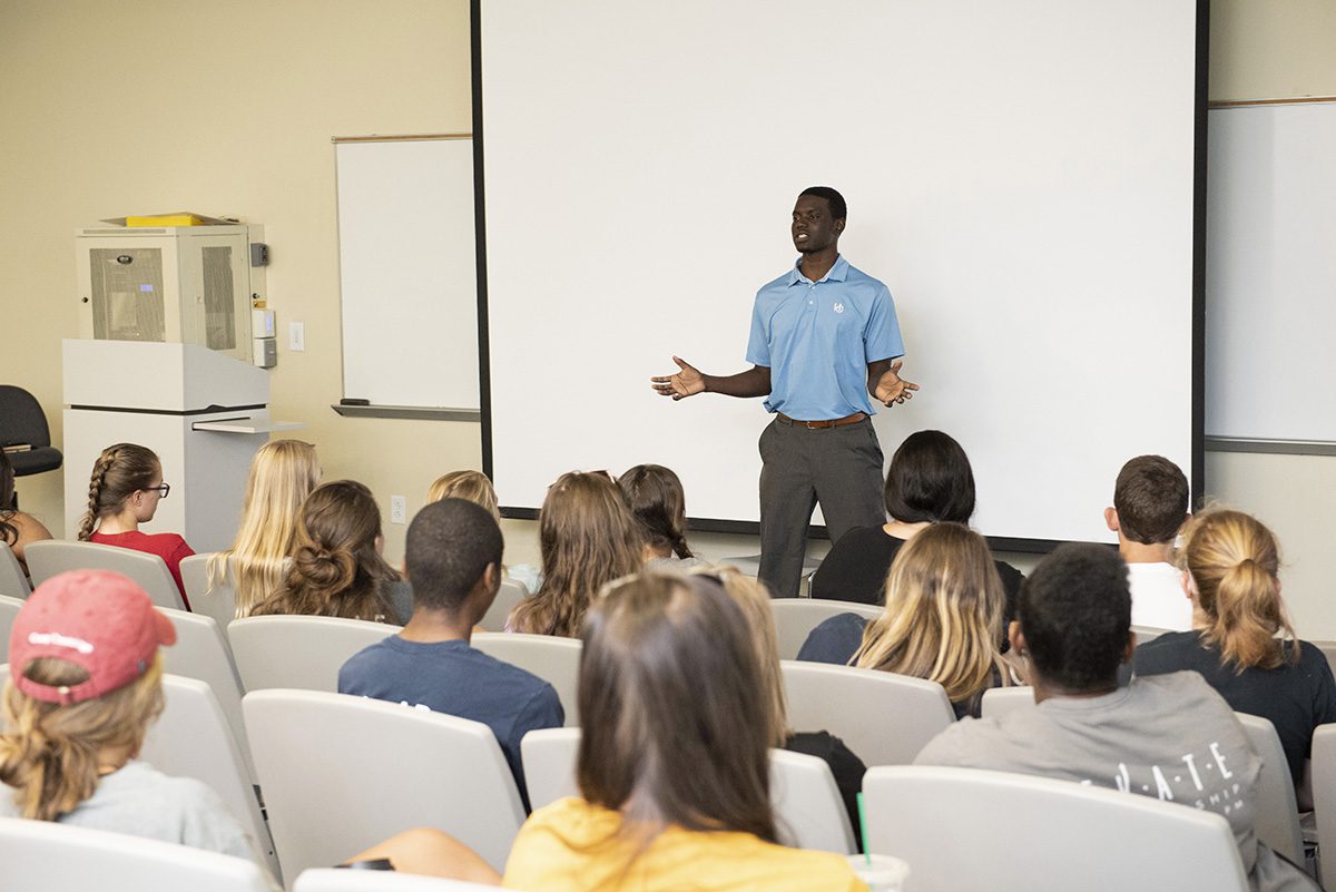Chris Singleton speaks to students in the Whitfield Center for Christian Leadership